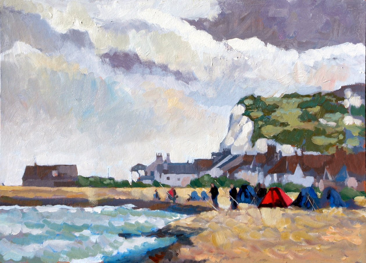 在Kingsdown White Cliffs钓鱼，2010年（丙烯酸船上） 作者 克莱夫·梅特卡夫