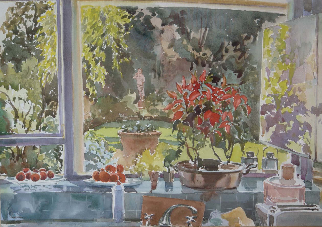 从厨房的窗户，2002 年（水彩画） 作者 克莱夫·威尔逊