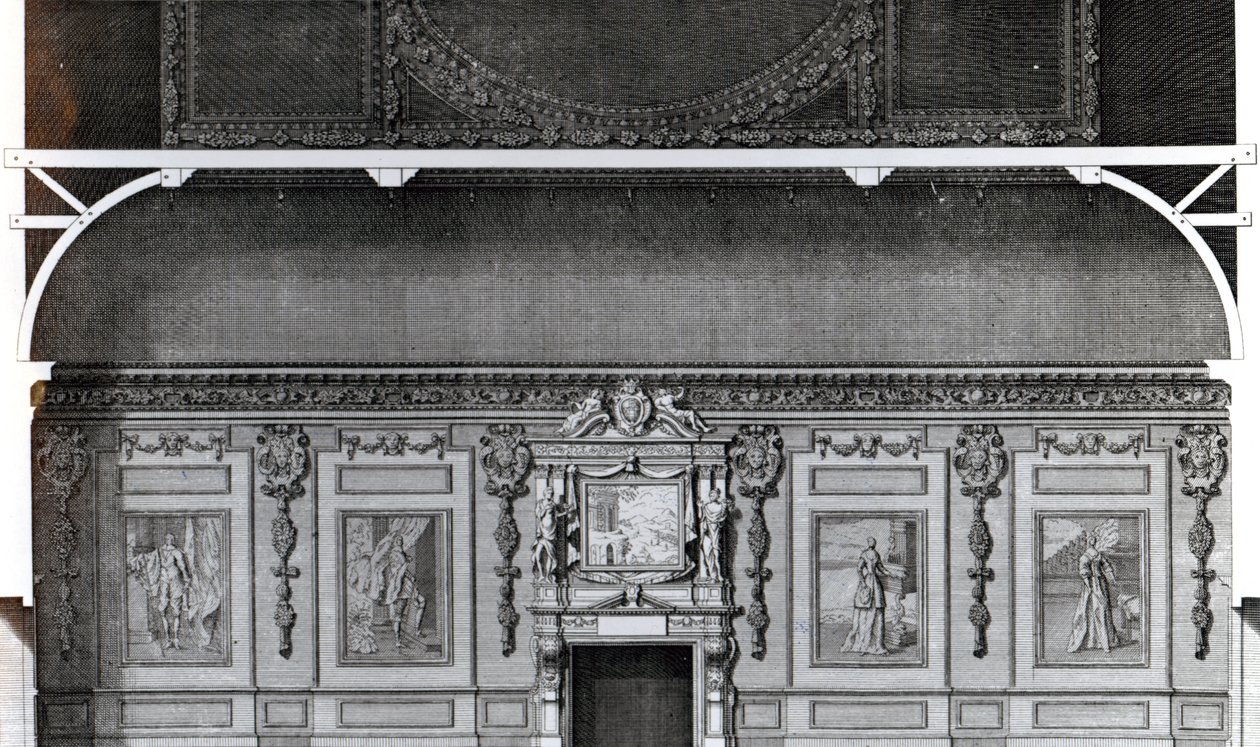 威尔顿大餐厅的一部分，由Inigo Jones设计，由H. Hulsbergh雕刻，于1717年出版于&39;Vitruvius Britannicus&39; 作者 科伦·坎贝尔