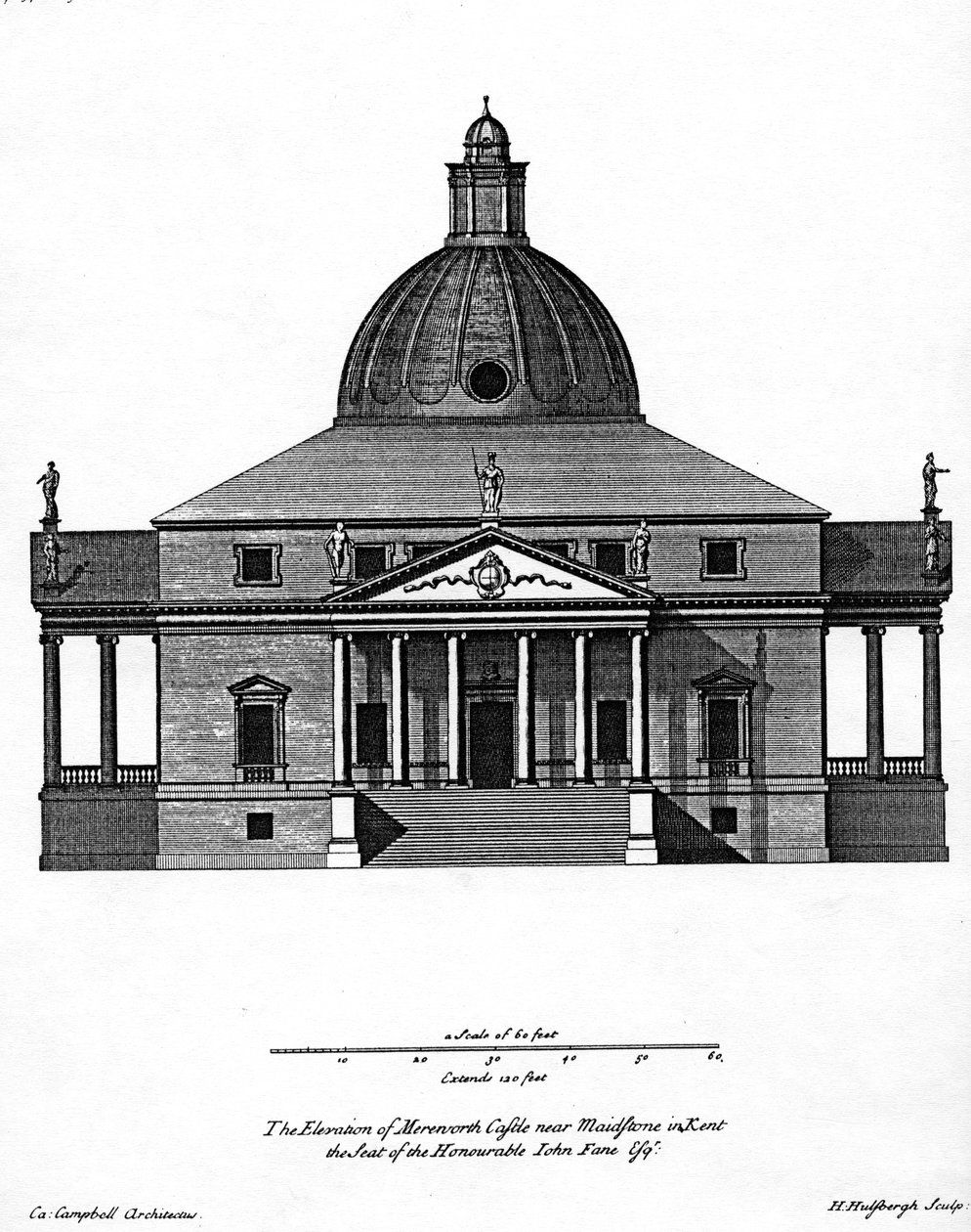 Mereworth城堡的海拔，由H. Hulsbergh雕刻，1722-24-24 作者 科伦·坎贝尔