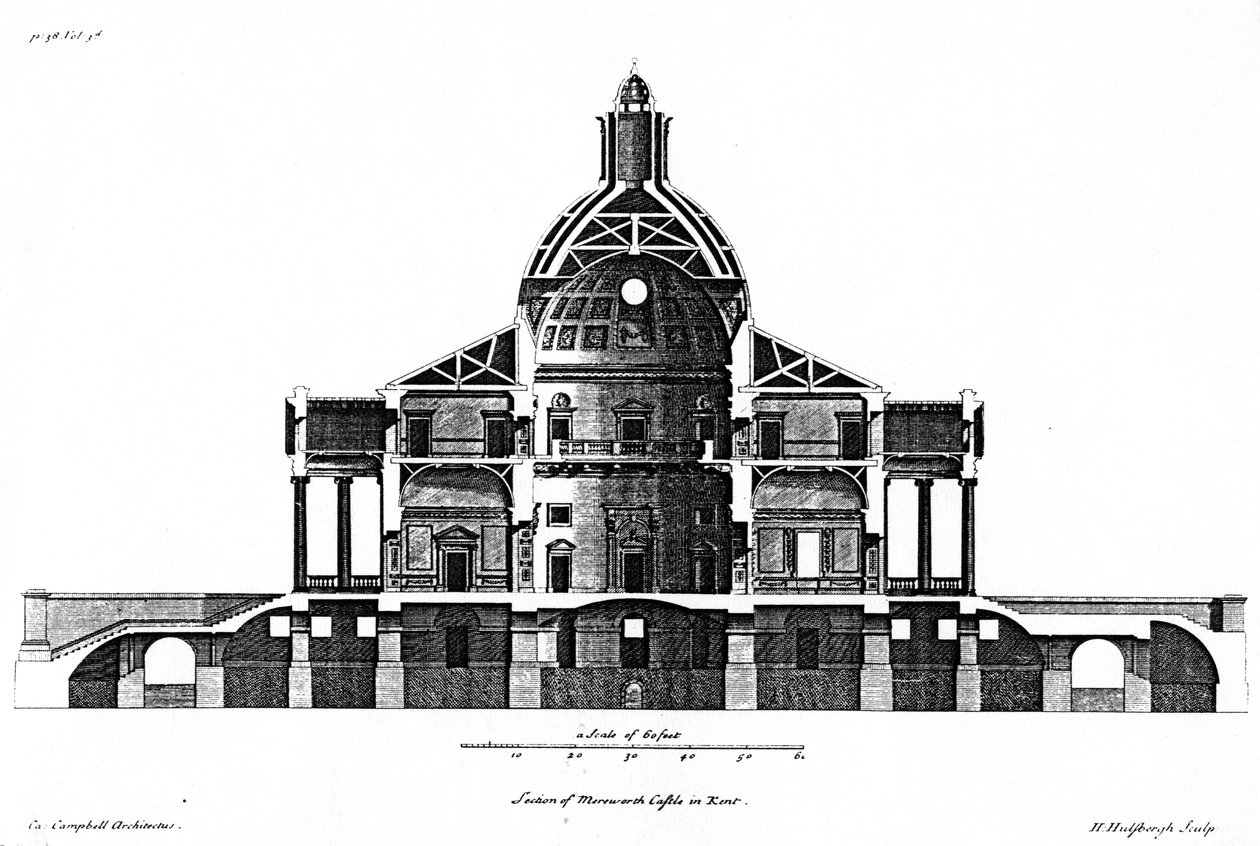 肯特郡Mereworth城堡的一部分，由H. Hulsbergh雕刻，1722-24-24 作者 科伦·坎贝尔
