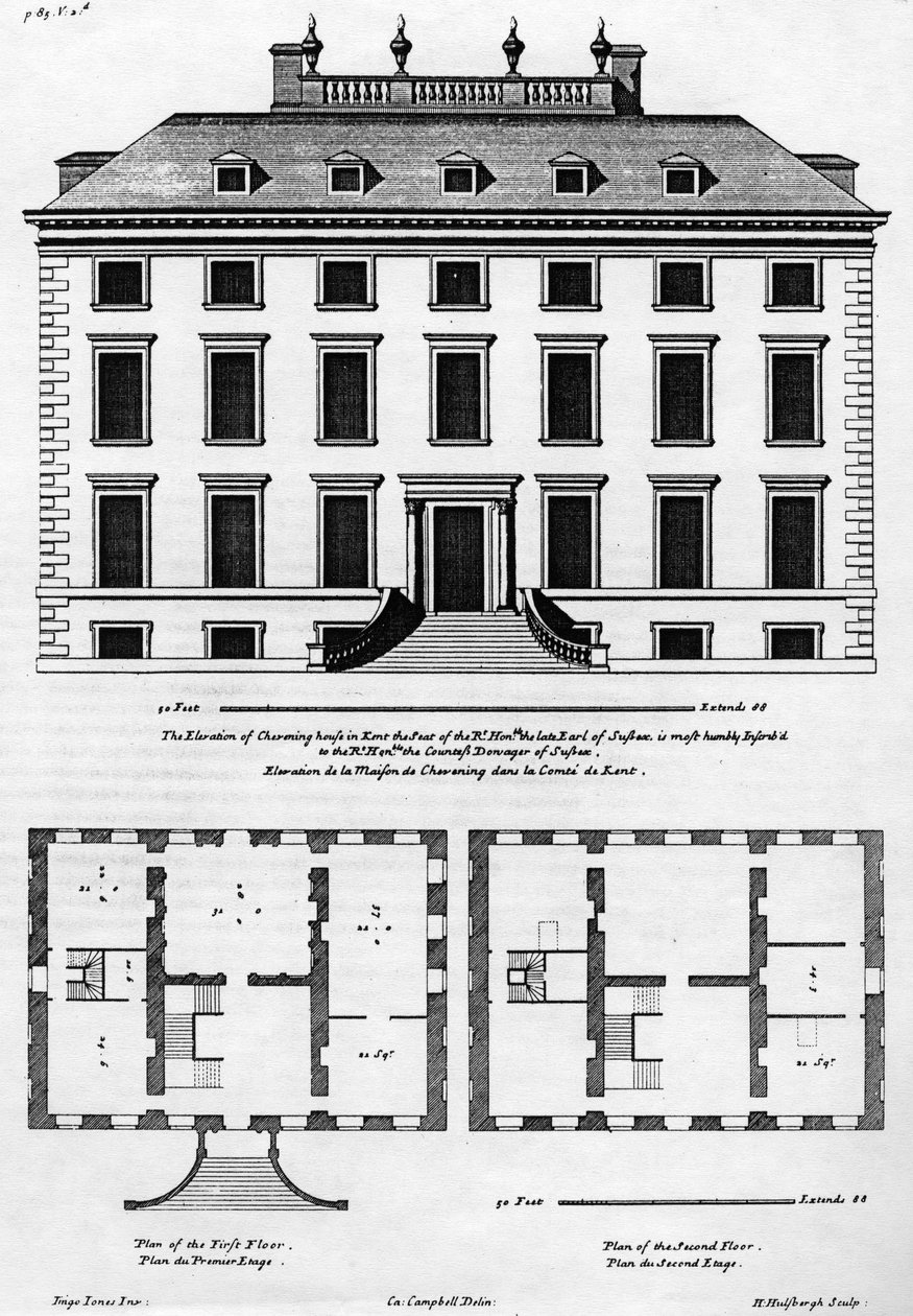 肯特郡的Chevening House高地，由H. Hilsbergh雕刻，来自&39;Colen Campbell的Vitruvius Britannicus&39;的插图，出版于1715-1725 作者 科伦·坎贝尔