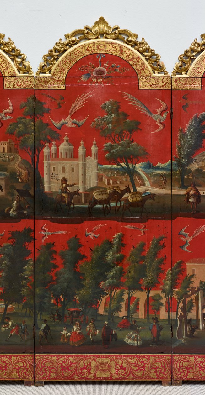 Biombo与墨西哥城风光》（油画，红色莳绘漆板，鎏金木裱和亚麻布衬底） 作者 西班牙殖民时期