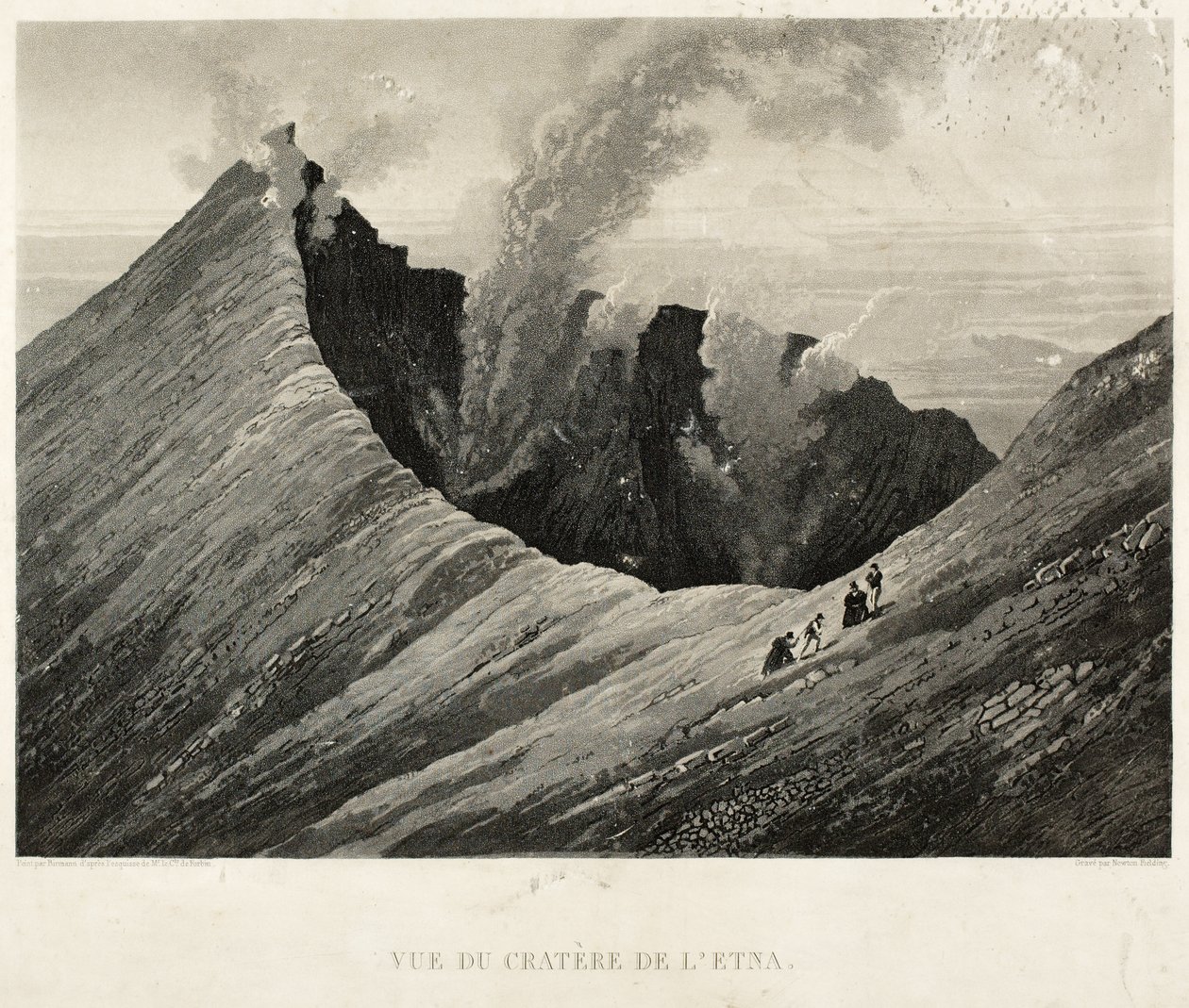 埃特纳火山口的视图，由牛顿菲尔丁（1799-1856）（aquatint）雕刻 作者 福尔孔伯爵