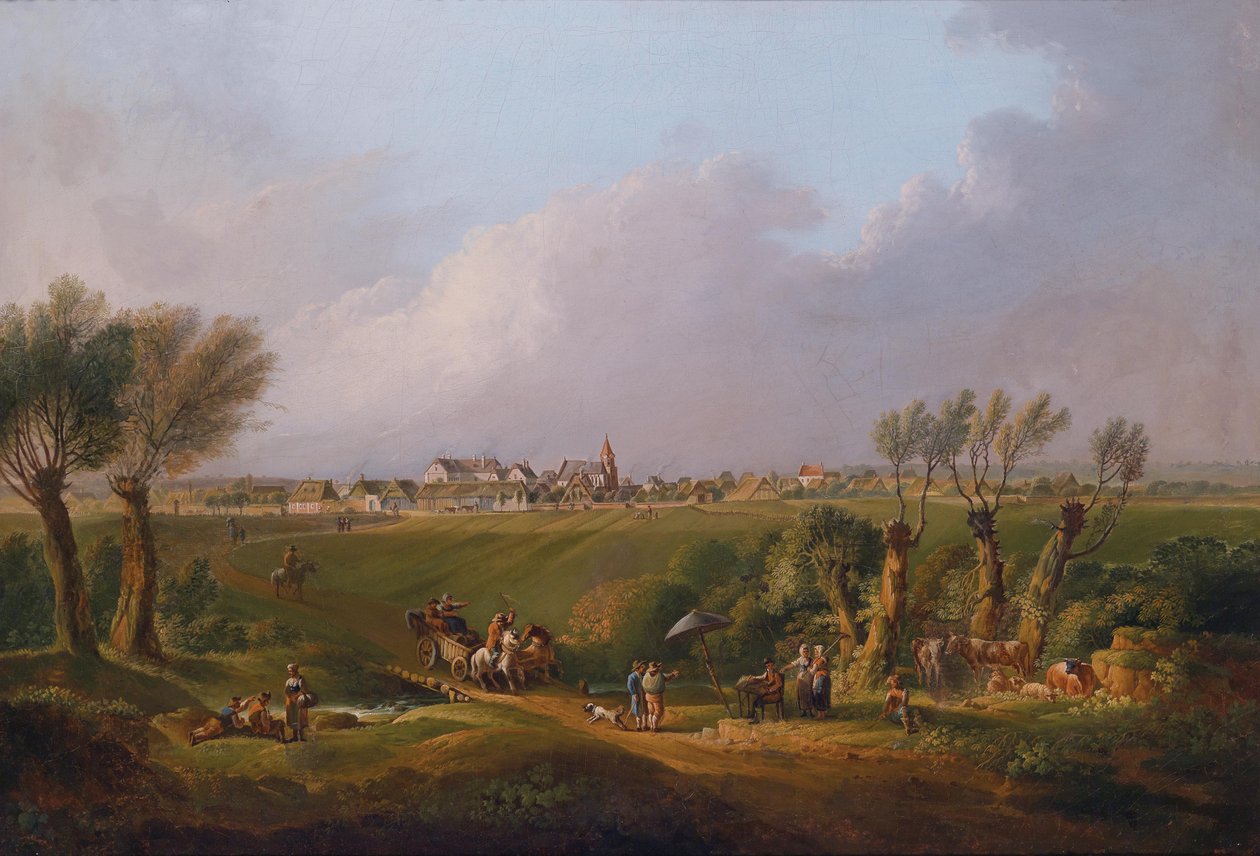 英语：来自Marchfeld的Motif与背景中的Ebenthal镇，在画架前的画家的前景 作者 康拉德·布尔梅耶