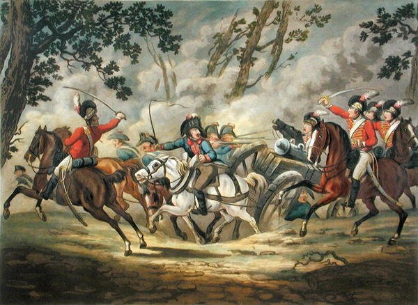 英国轻骑兵攻击法国炮兵，选自《军事演习》，由默克雕刻，1800年出版（手绘水印）。 作者 康拉德（后）格斯纳