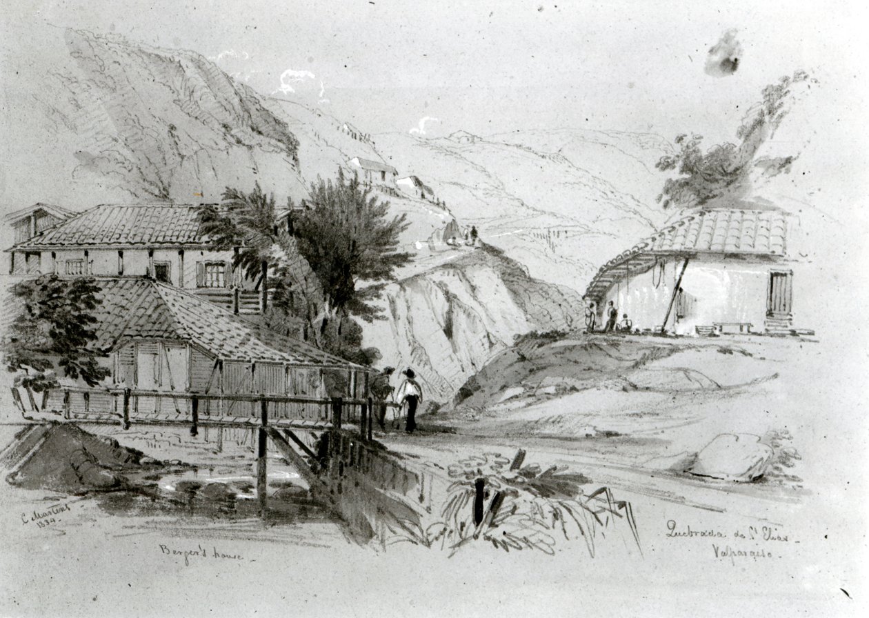 1834年，瓦尔帕莱索伯杰之家（铅笔和纸上写着）（bw照片） 作者 康拉德·马滕斯（Conrad Martens）