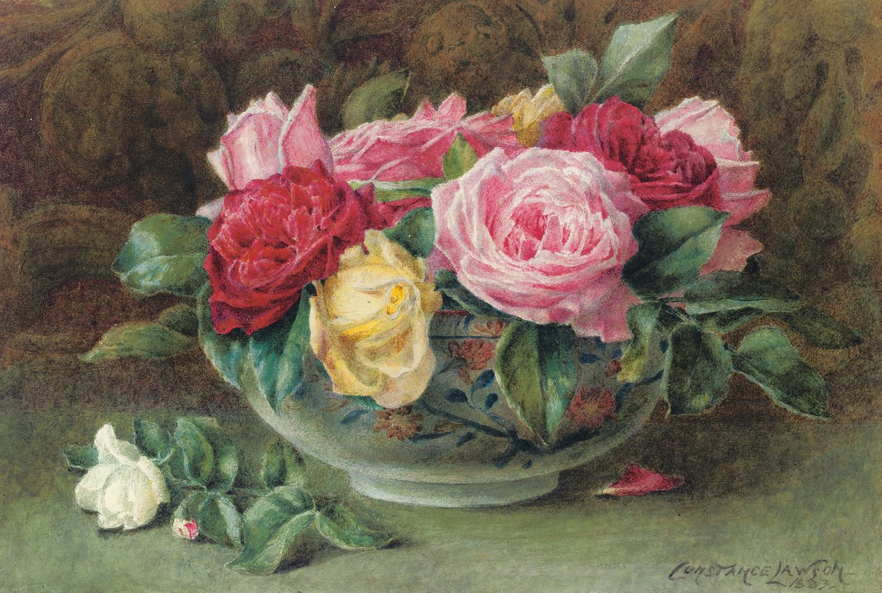 一碗粉红色，黄色和红色玫瑰静物画，1883年 作者 康斯坦斯·劳森