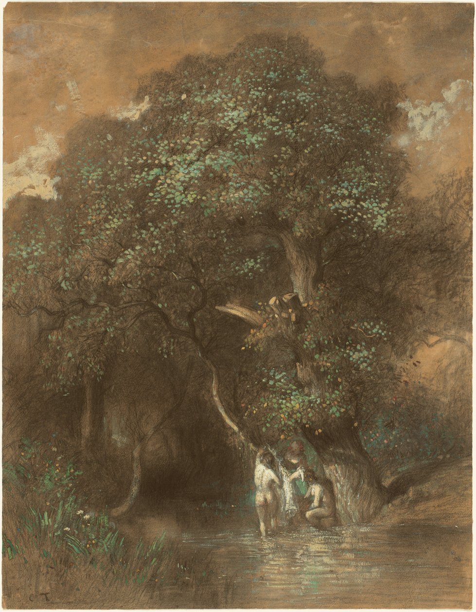 巨橡树旁的沐浴者，约 1842-1844 年（纸上木炭画） 作者 永恒埃米尔特罗永