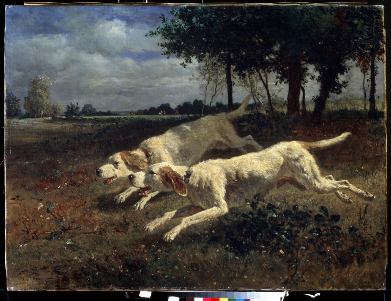 奔跑的狗》（Chiens a la course）。康斯坦特罗永（1810-1865 年）的画作。布面油画，75 x 11 厘米 作者 永恒埃米尔特罗永