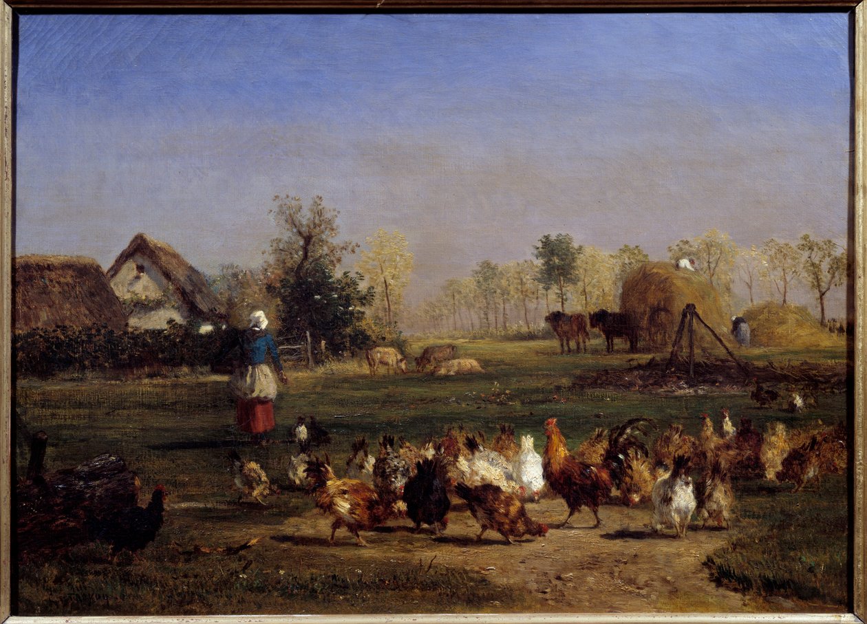 La provende des hens La basse cour (Basse-cour).康斯坦丁-特洛伊翁（1810-1865）的画作 19世纪的太阳。0,51x0,7米 - 母鸡的饲料。农家院。康斯坦丁-特洛伊翁(1810-1865)的画作 作者 永恒埃米尔特罗永