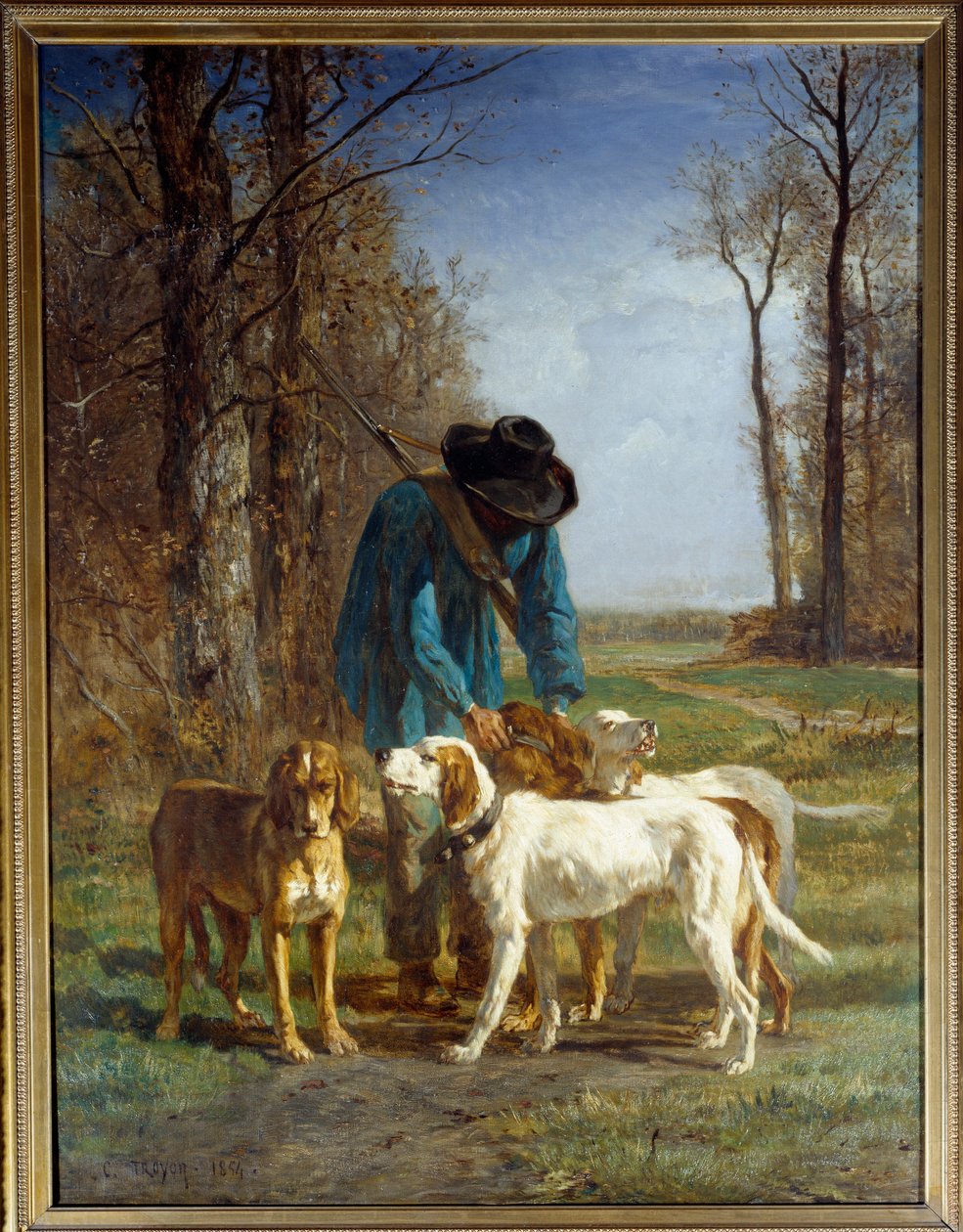 猎人守卫在他的狗旁边停下来。 Constant Troyon (1810-1865) 的绘画 作者 永恒埃米尔特罗永