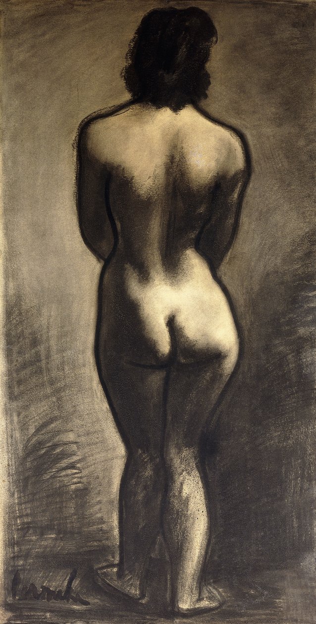 裸体站立； Nu Debout - Stand Naakt，c。 1930 年（黑色粉笔和黑色纸本） 作者 康斯坦特·佩梅克