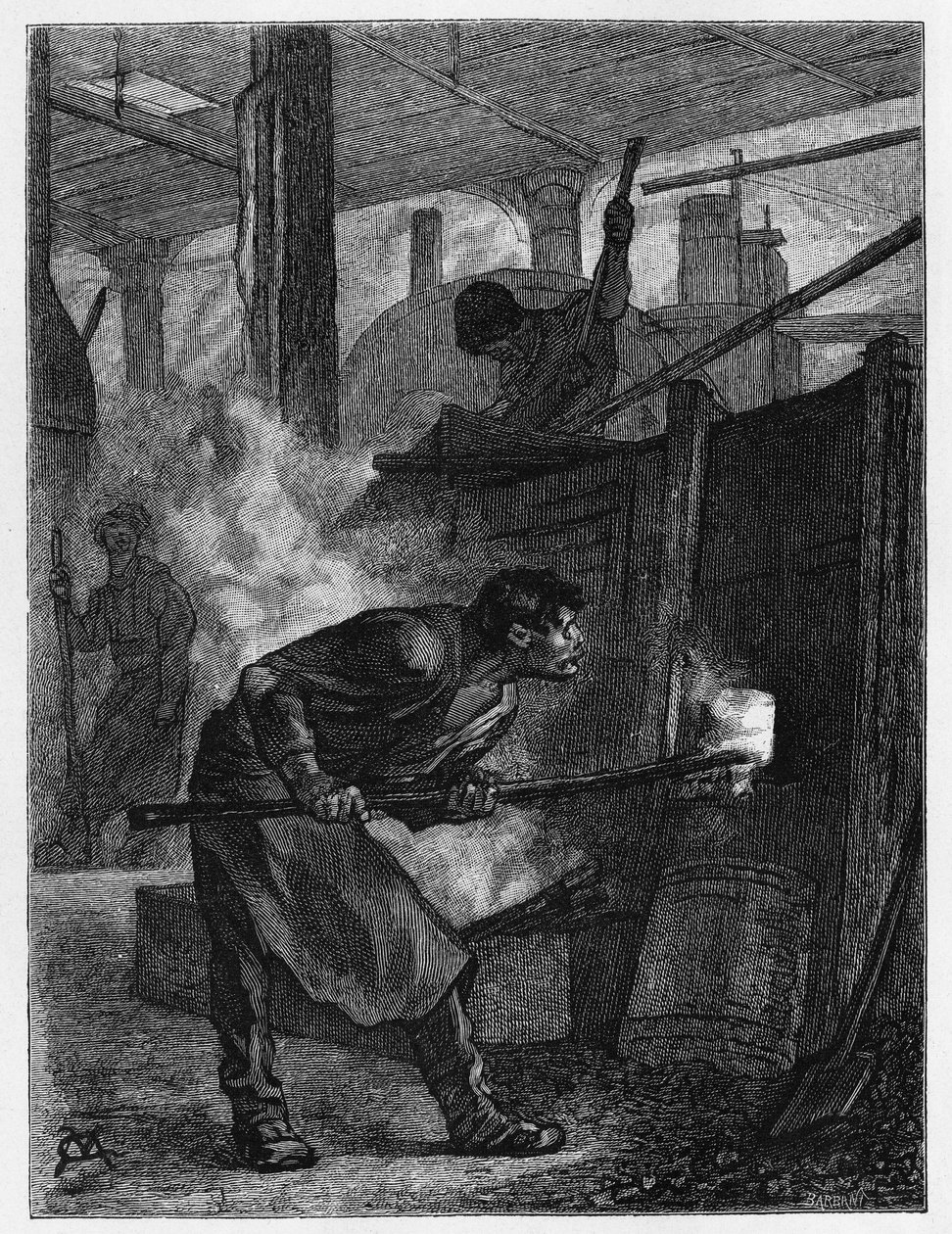Puddleur has his oven (steelworker responsible for stirring iron to turn it into iron by burning carbon), in a factory in Jumet (or Djumet, in the city of Charleroi). Engraving by Constant Meunier, to illustrate the story “” Belgium””, by Camille Lemonnier 作者 康斯坦丁·埃米尔·穆尼尔