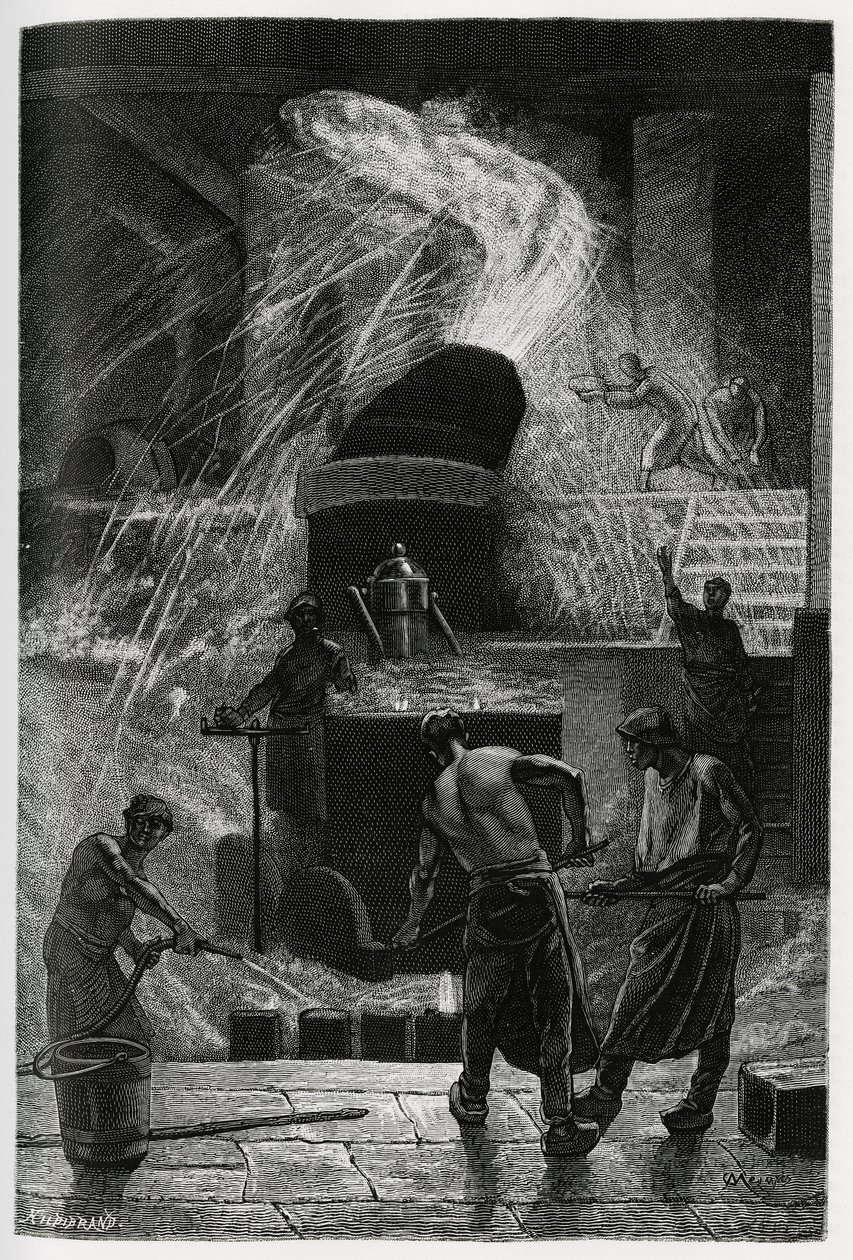 The casting of steel at the cockerill establishments in Seraing. Engraving by C.Meunier to illustrate the story “” La Belgique””, by Camille Lemonnier (1844-1913), writer and art critic. 作者 康斯坦丁·埃米尔·穆尼尔