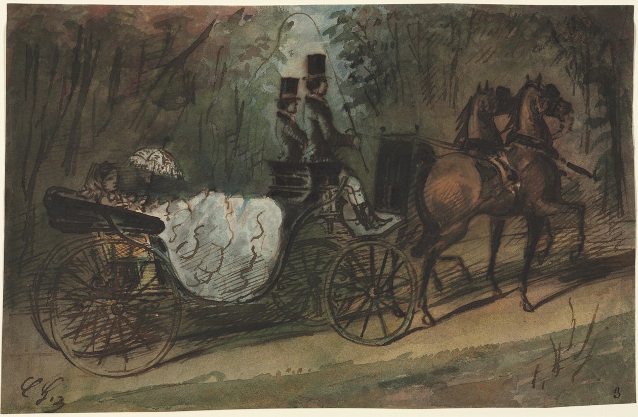 1800年代在Bois de Boulogne的马车。 作者 康斯坦丁人