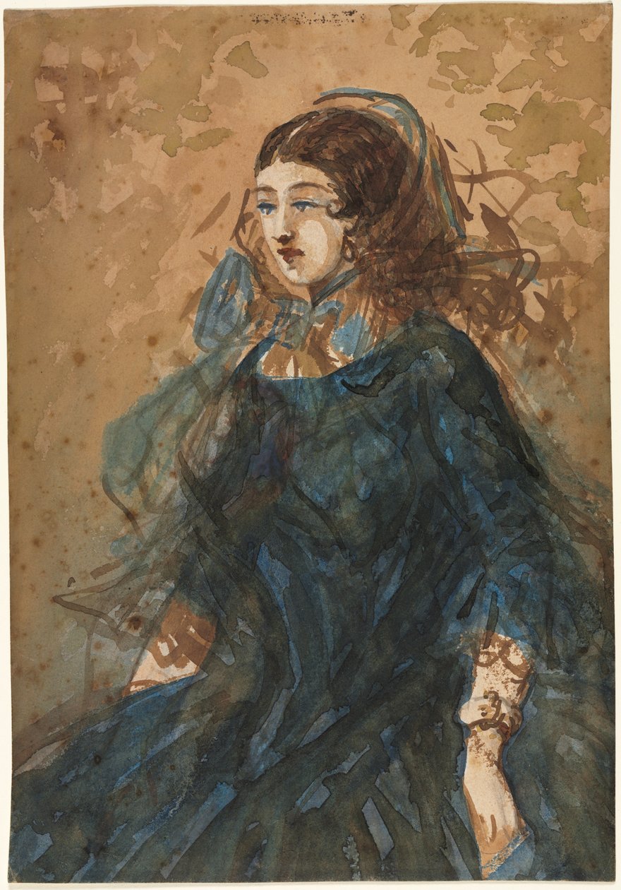穿着蓝色连衣裙的女人，战争营地场景，1855-1860年。 作者 康斯坦丁人