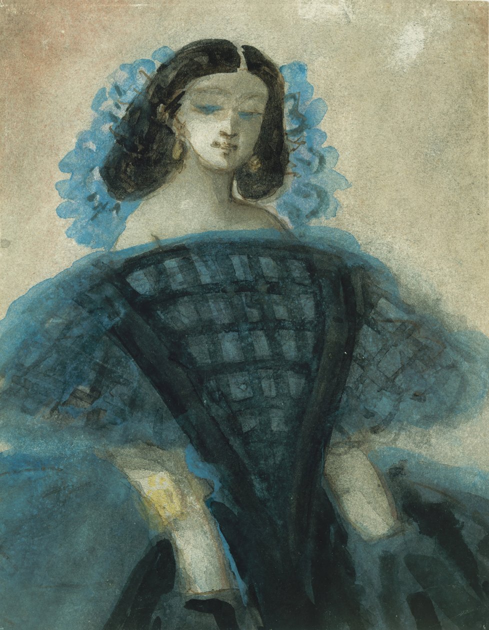 穿着蓝色和黑色衣服的年轻女子，约1863年。 作者 康斯坦丁人