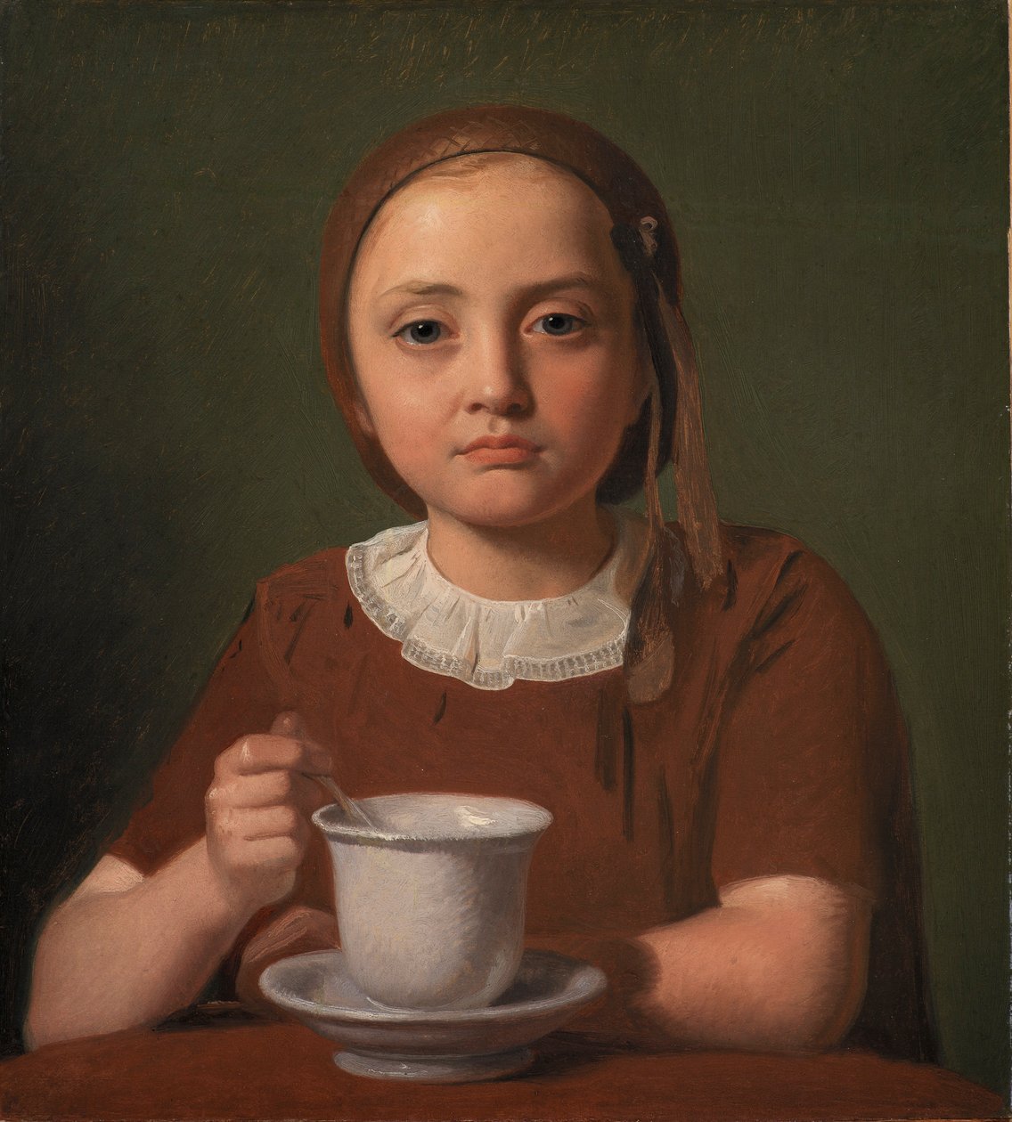 一个小女孩的肖像，EliseKøbke，在她面前的一个杯子，1850年 作者 康斯坦丁·汉森