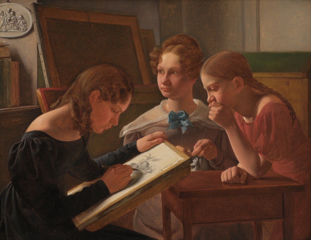 三个年轻女孩。艺术家姐妹：Alvilde，Ida和Henriette，1827年 作者 康斯坦丁·汉森