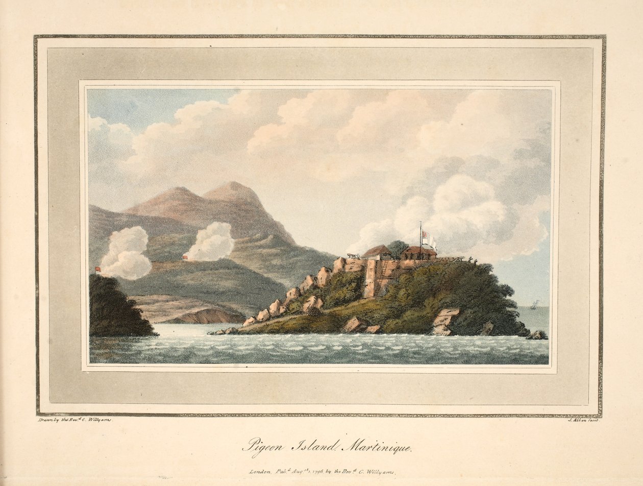 马提尼克岛鸽子岛，来自“西印度群岛战役”的插图，作者：Cooper Willyams牧师，S. Alken，酒吧的版画。伦敦1796年 作者 库珀·威廉姆斯
