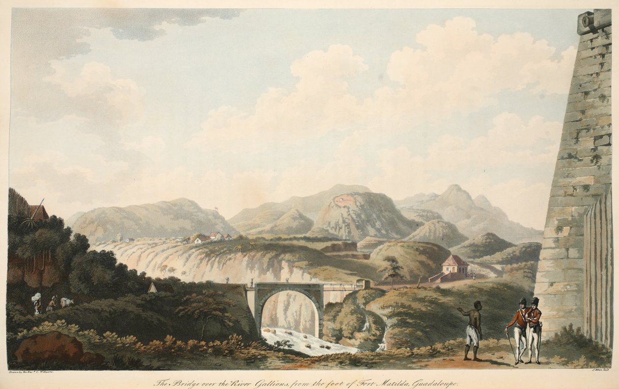 The Gallions河上的大桥，来自Guadaloupe的Matilda堡脚，来自“西印度群岛战役”的插图，由Cooper Willyams牧师创作，由S. Alken，酒吧的石版画。大号 作者 库珀·威廉姆斯