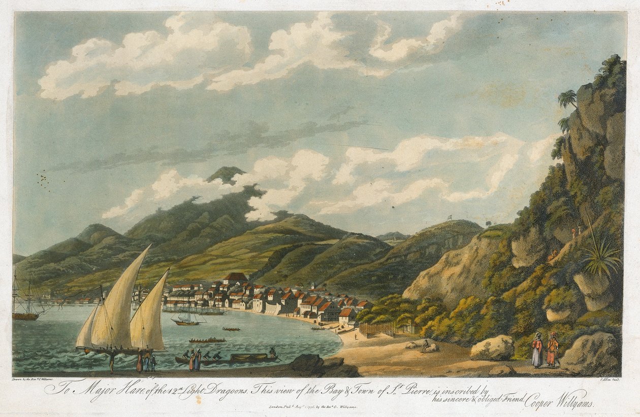 圣皮埃尔（马提尼克岛）海湾和城市景观。石版画（42.3x56 厘米），作者 Cooper Willyams（1762-1816 年） 作者 库珀（之后）威廉姆斯