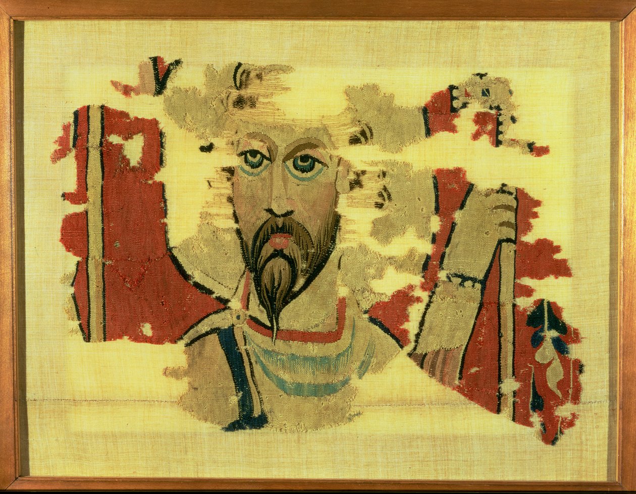 编织悬挂描绘圣西奥多的头，来自埃及Akhmim，c.500-600（羊毛挂毯） 作者 科普特人