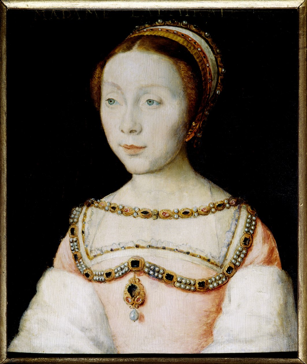 Portrait of Francoise de Longwy, wife of Admiral Philippe Chabot, widow in 1543, remarried in 1545 to Jacques de Peruse, lord of Ecars. Painting by Corneille De Lyon (Corneille de The Hague) (1500/1510-1574). Oil on wood. Dim: 0.13 x 0.16m. Versailles, Mus 作者 科尔内耶德拉海耶