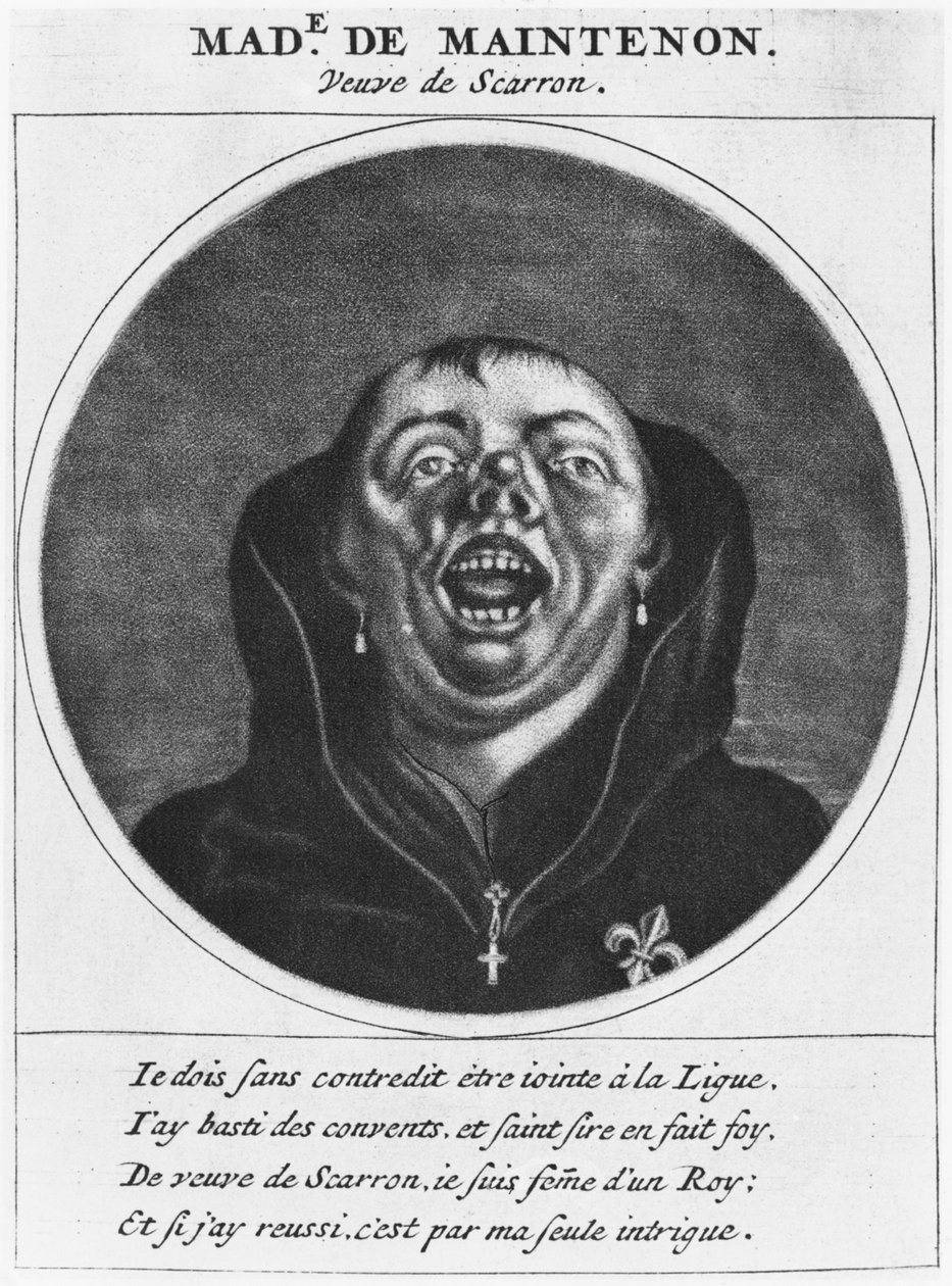 Madame de Maintenon的新教徒漫画，来自“路易十四领导的联盟英雄或僧侣游行，为他的王国的新教徒改造”，巴黎，车 作者 Cornelis和Gole，Jacob Dusart