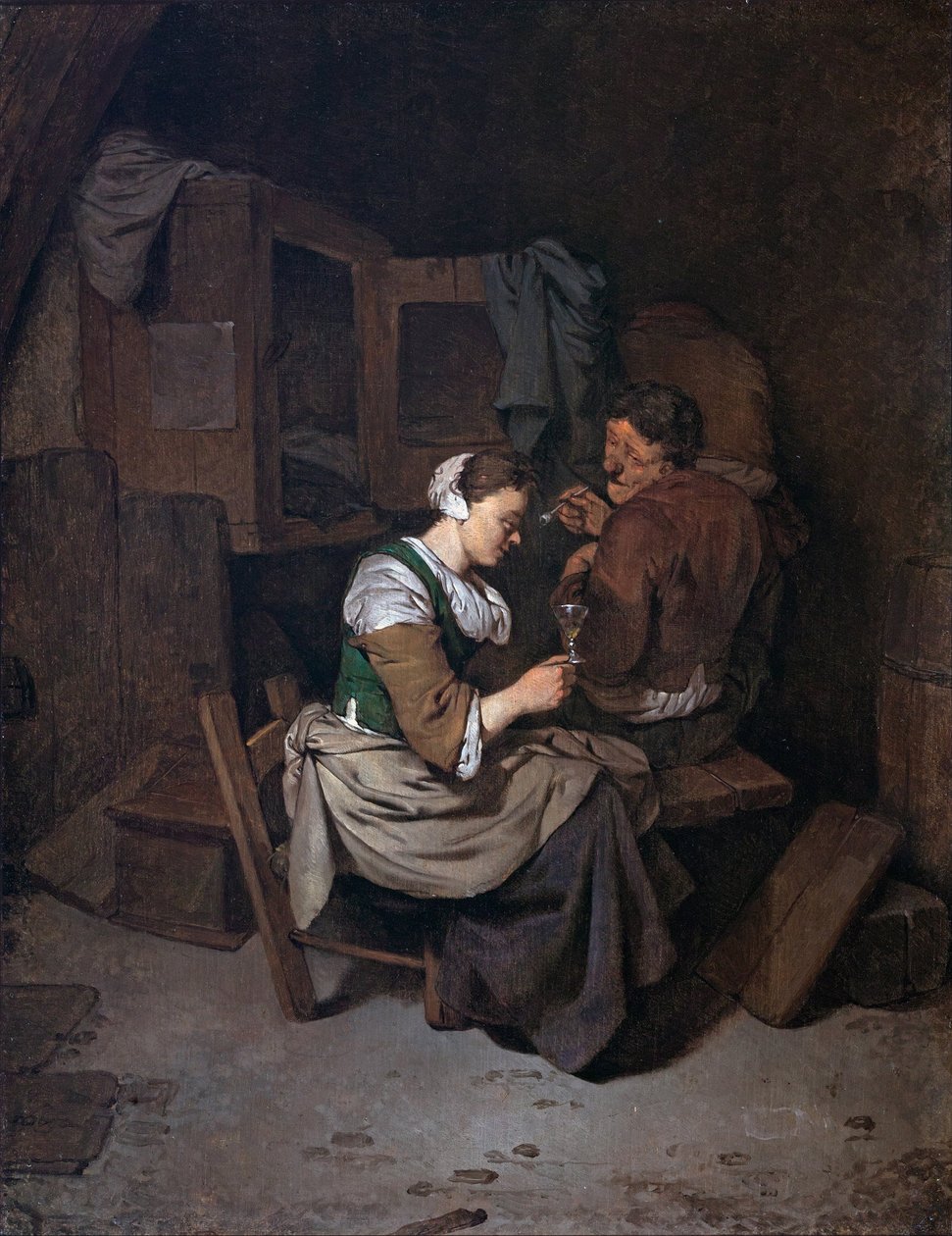 有葡萄酒杯和两位男性农民的妇女 作者 Cornelis Pietersz Bega