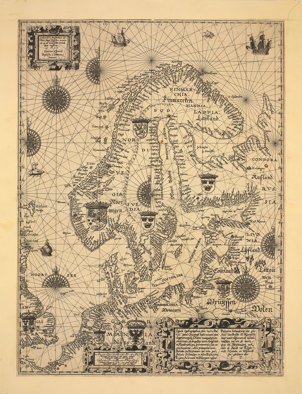 该地图发表于阿姆斯特丹（1610年），展示了斯堪的纳维亚，诺根 作者 科尼利斯·多兹（Cornelis Doedsz）