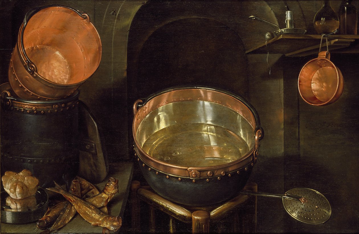 厨房用具的静物画，17世纪 作者 科尼利斯·雅各布斯（Cornelis Jacobsz）
