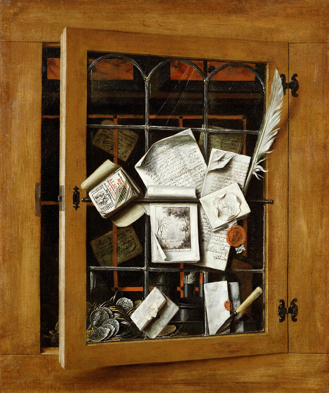 一个开放的玻璃橱柜门的错视画，有许多纸和物，1666年 作者 科内利斯·诺伯特·吉斯布雷希茨