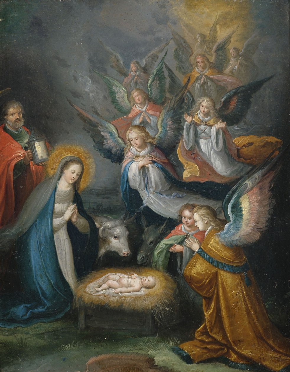 神圣家族与天使一起崇拜孩子 作者 Cornelis de Baellieur