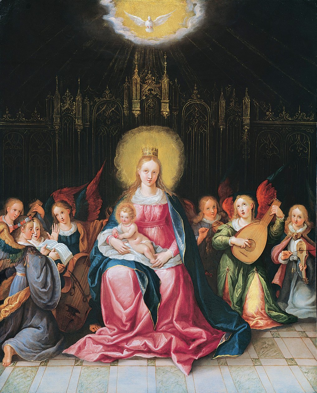 七个音乐制作天使包围的处女和儿童（铜上的油） 作者 Cornelis de Baellieur