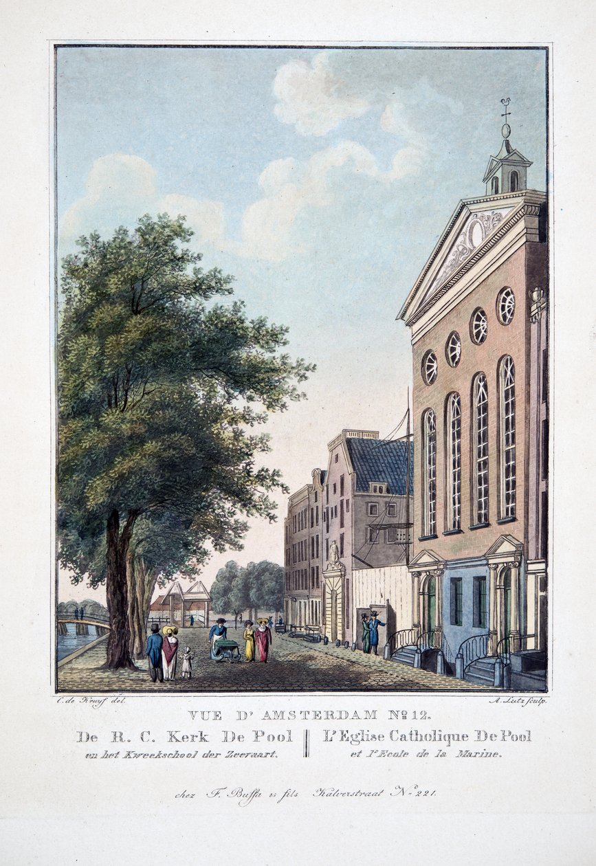 阿姆斯特丹12号的视图。来自RC Kerk De Pool in het Kweekschool der Zeeraart。天主教教堂游泳池和海军学校，1825年（手工彩色雕刻） 作者 科尼利斯·德克鲁伊夫