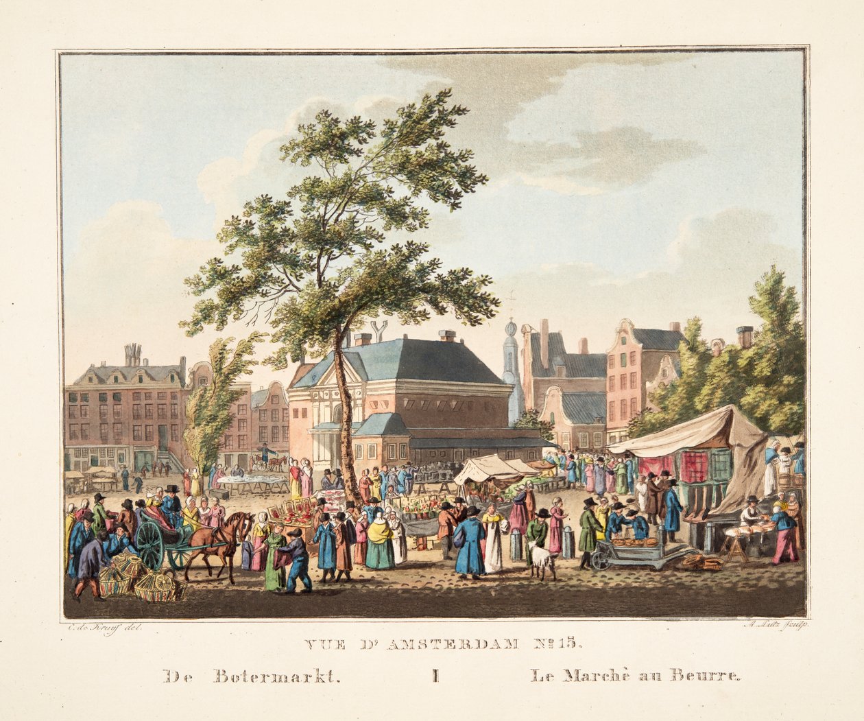 阿姆斯特丹15号的视图。来自Botermarkt。黄油市场，1825年（手工彩色雕刻） 作者 科尼利斯·德克鲁伊夫