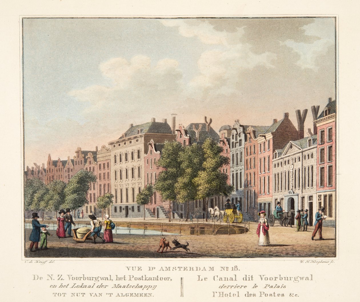 Vue d&39;Amsterdam No.18。新西兰Voorburgwal，邮局和Lokaal der Maatschappy非常有用。 Le Canal这个Voorburgwal derriere le Palais l&39;Hotel des Postes等，1825年（手工彩色 作者 科尼利斯·德克鲁伊夫