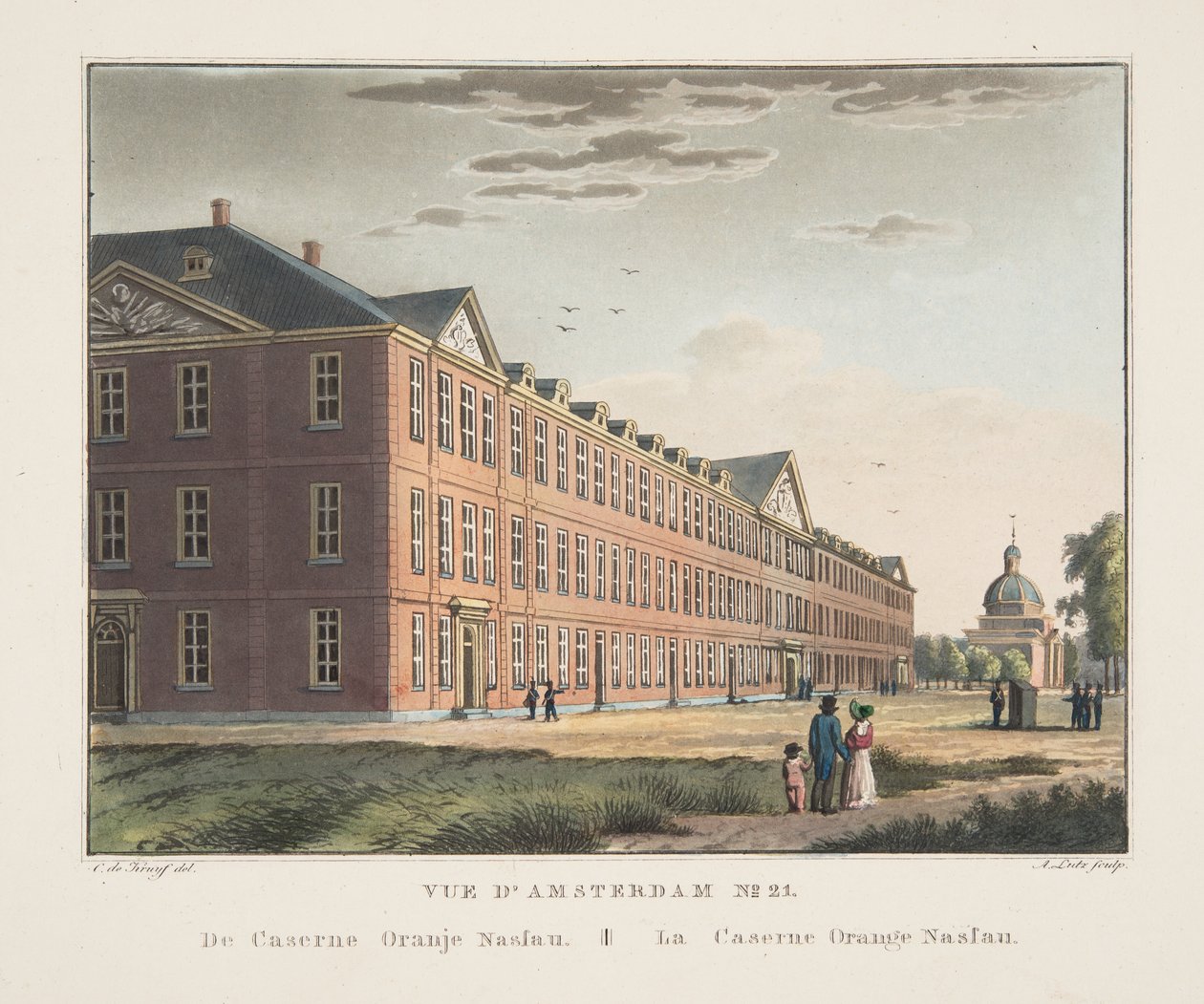 阿姆斯特丹No.21的视图。来自Caserne Oranje Nassau。橙色拿骚军营，1825年（手工雕刻） 作者 科尼利斯·德克鲁伊夫
