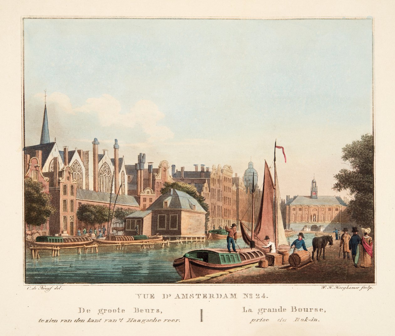 Vue d&39;Amsterdam No.24。从Kaagsche侧面看到的伟大的博览会。 La grande Bourse，1825年获奖的Rok-in（手工彩色雕刻） 作者 科尼利斯·德克鲁伊夫
