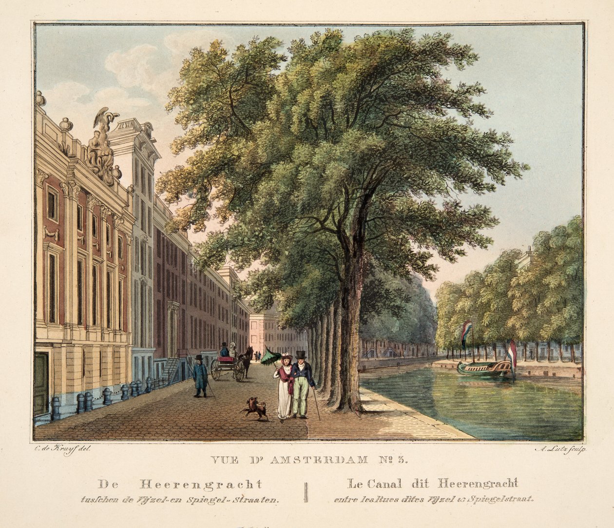 Vue d&39;Amsterdam No.3。 Vijzel和Spegel-Straaten之间的Heerengracht。 Le Canal这个Heerengracht entre les Rues dites Vijzel和Spiegelstraat，1825年（手工雕刻） 作者 科尼利斯·德克鲁伊夫