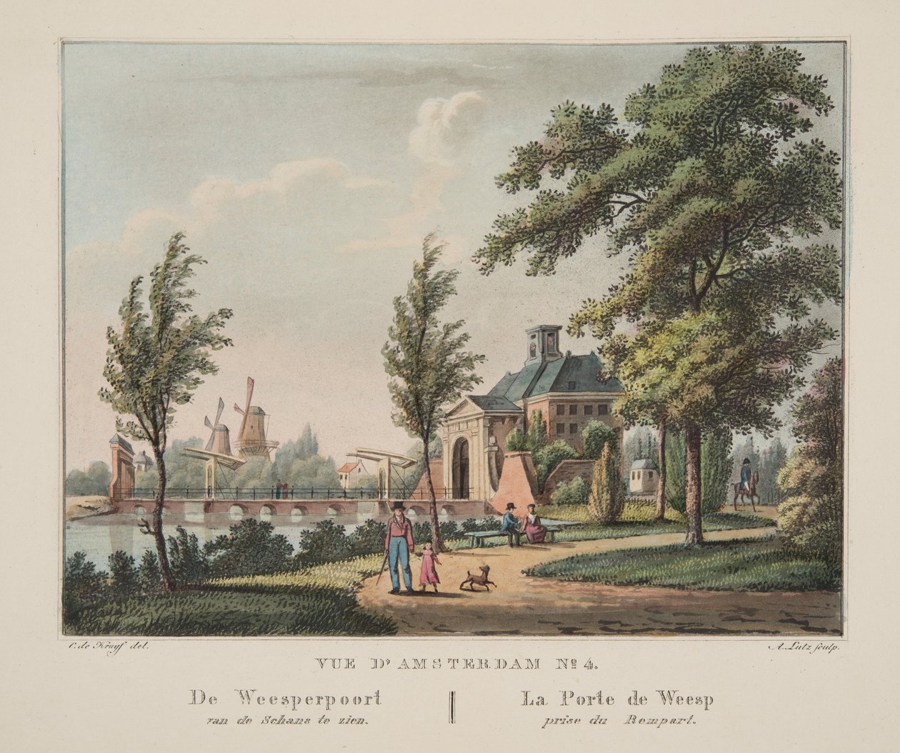 Vue d&39;Amsterdam No.4。 Weesperpoort跑去看Schans。 La Porte de Weesp Prize du Rempart，1825年（手工彩色雕刻） 作者 科尼利斯·德克鲁伊夫