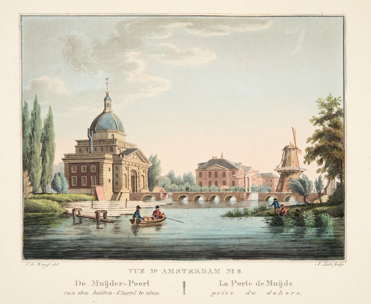 Vue d&39;Amsterdam No.9。在Cingel外面可以看到Muijder Gate。 La Porte de Muijde奖作品，1825年（手工彩色雕刻） 作者 科尼利斯·德克鲁伊夫