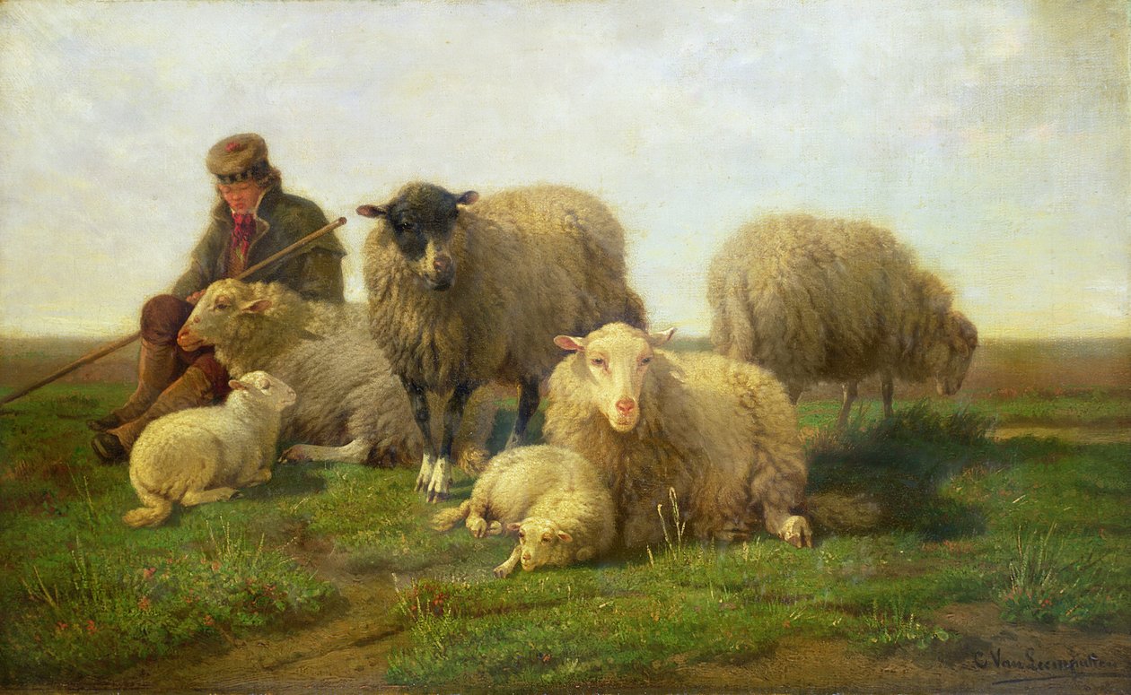 有绵羊和羊羔的牧羊人 作者 Cornelis van Leemputten