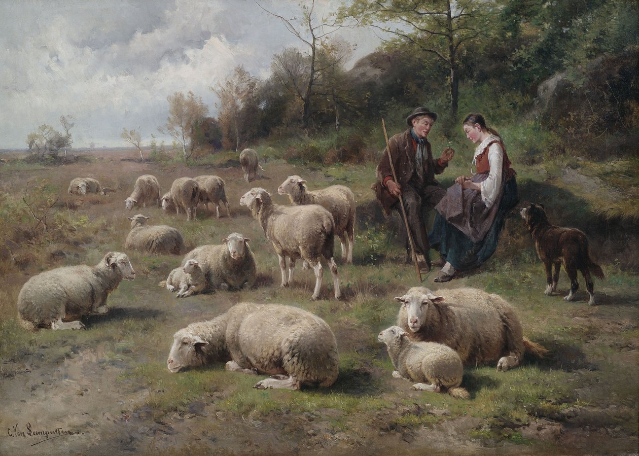 牧羊人加上牧群在牧场地风景 作者 Cornelis van Leemputten