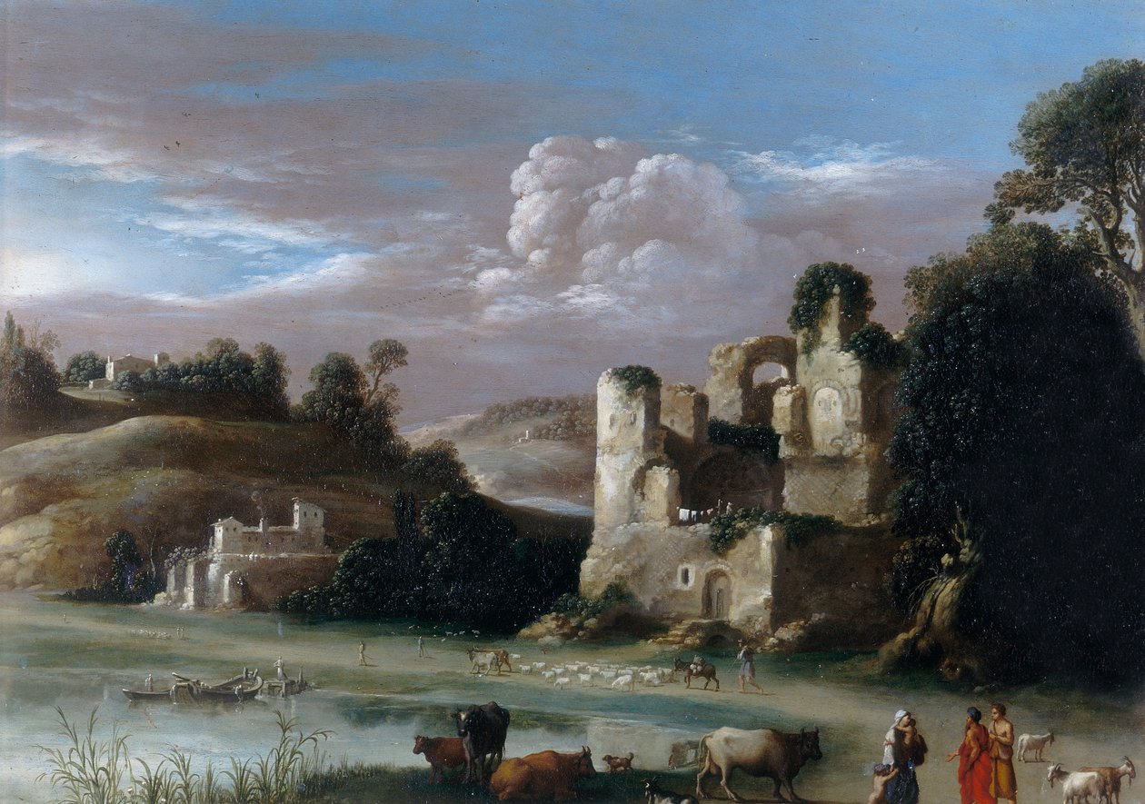 景观与废墟和牧羊人 作者 Cornelis van Poelenburgh或Poelenburch