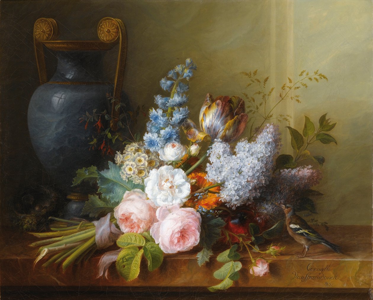 与鸟巢的花束 作者 Cornelis van Spaendonck