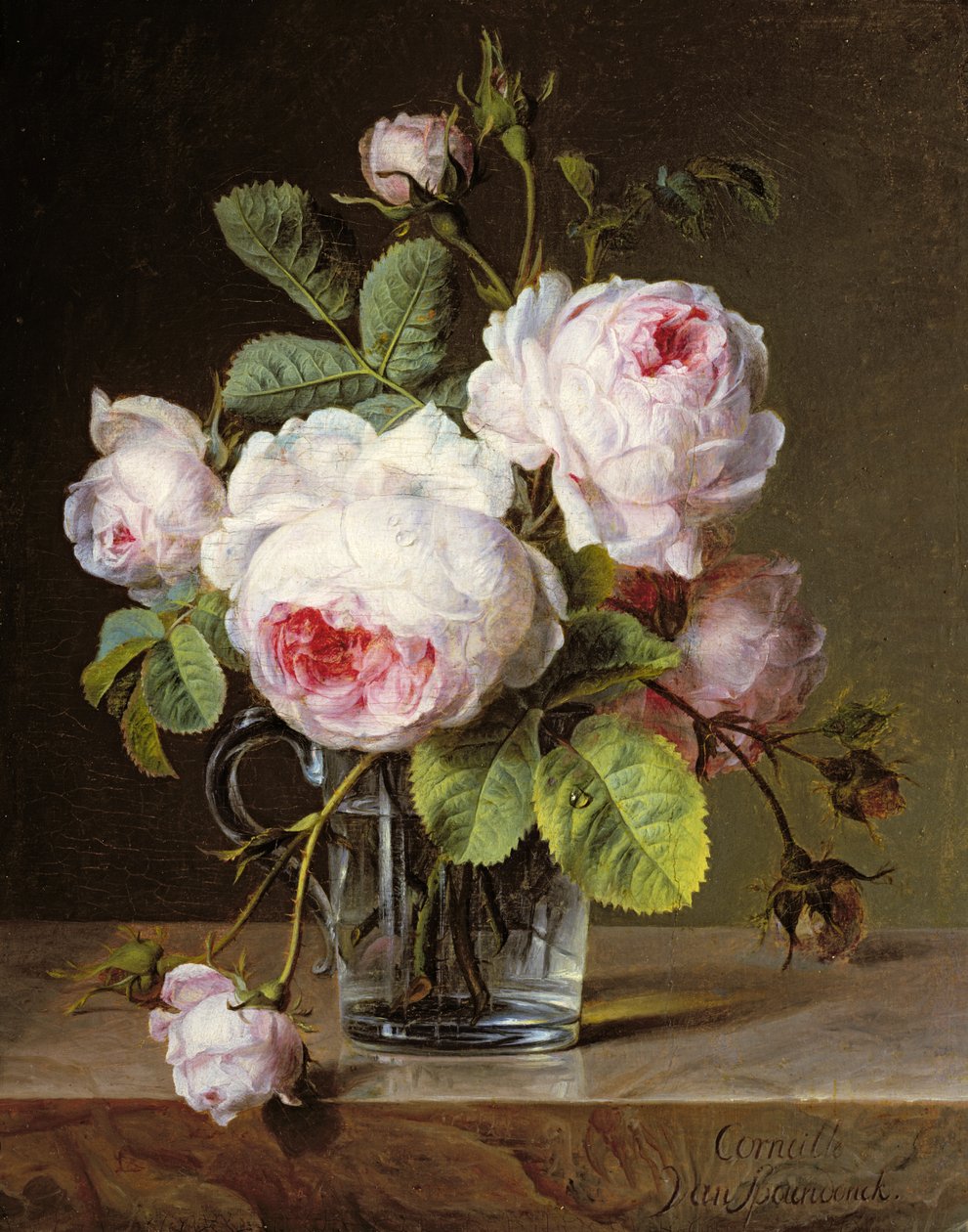 在玻璃花瓶的玫瑰在壁架 作者 Cornelis van Spaendonck