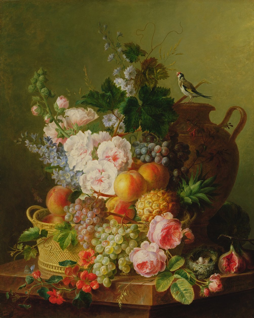 果子和花静物画在一个柳条筐在壁架。 作者 Cornelis van Spaendonck